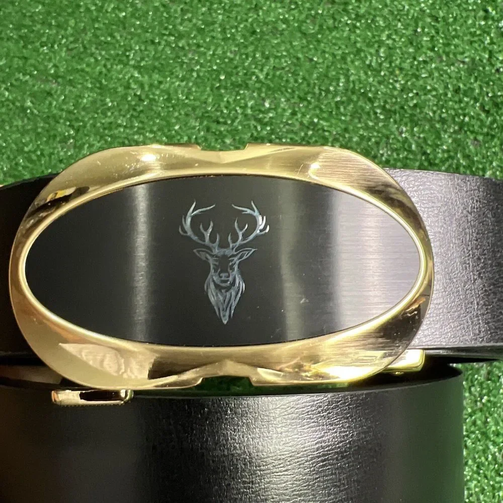 Leather Ratchet Belt For Men Adjustable Deer Head Engraving Oval‎ Gold Buckle